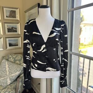 Reformation Mustang Black Ivory Silk V Neck Slim Fitting Bodice Blouse Size S